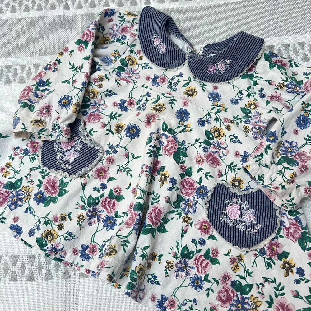 Vtg Piccolo Dress Cottagecore Floral Ruffle Baby Toddler 12M Embroidered Pocket